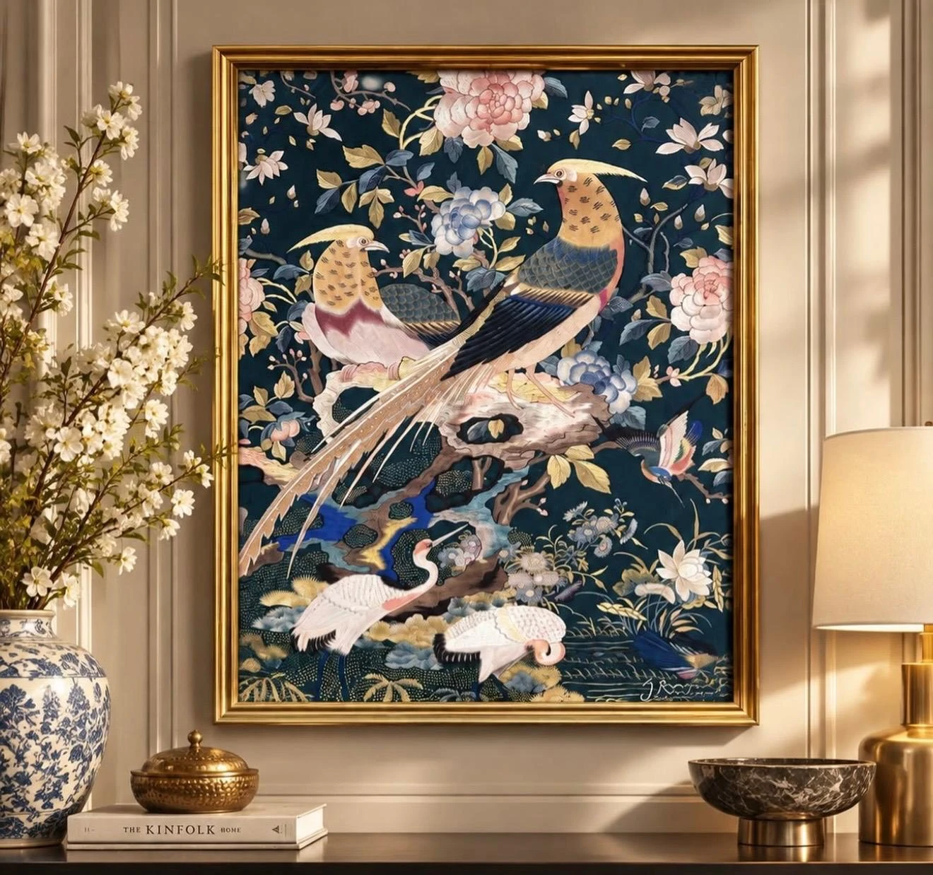 Colorful birds and flowers in gold framed giclée art