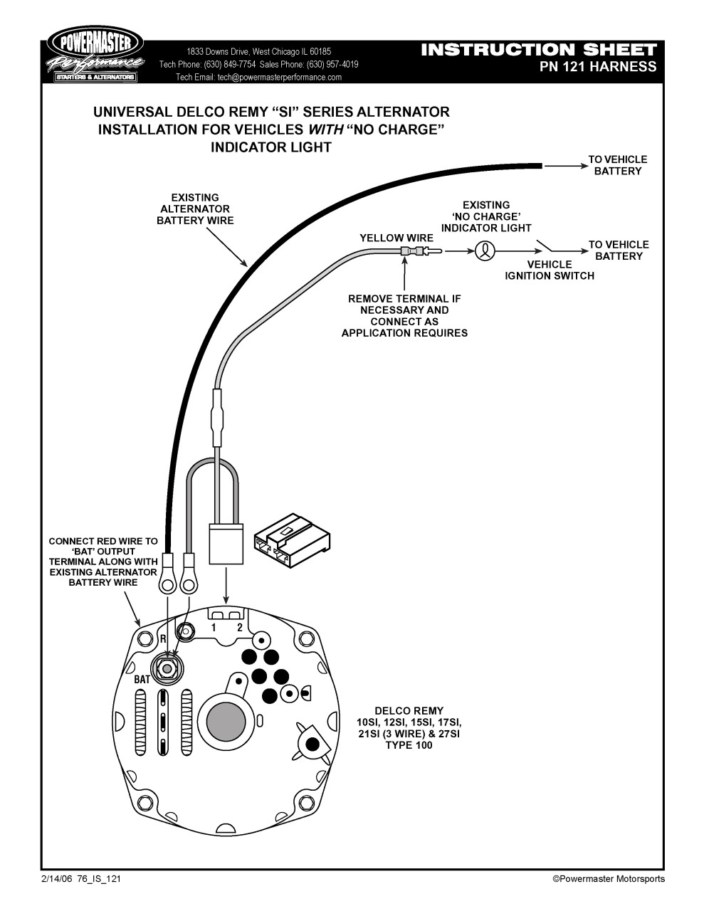 Powermaster 1 to 3 Wire Alternator Wiring Harness - SO-CAL ... gm internal regulator alternator wiring diagram 