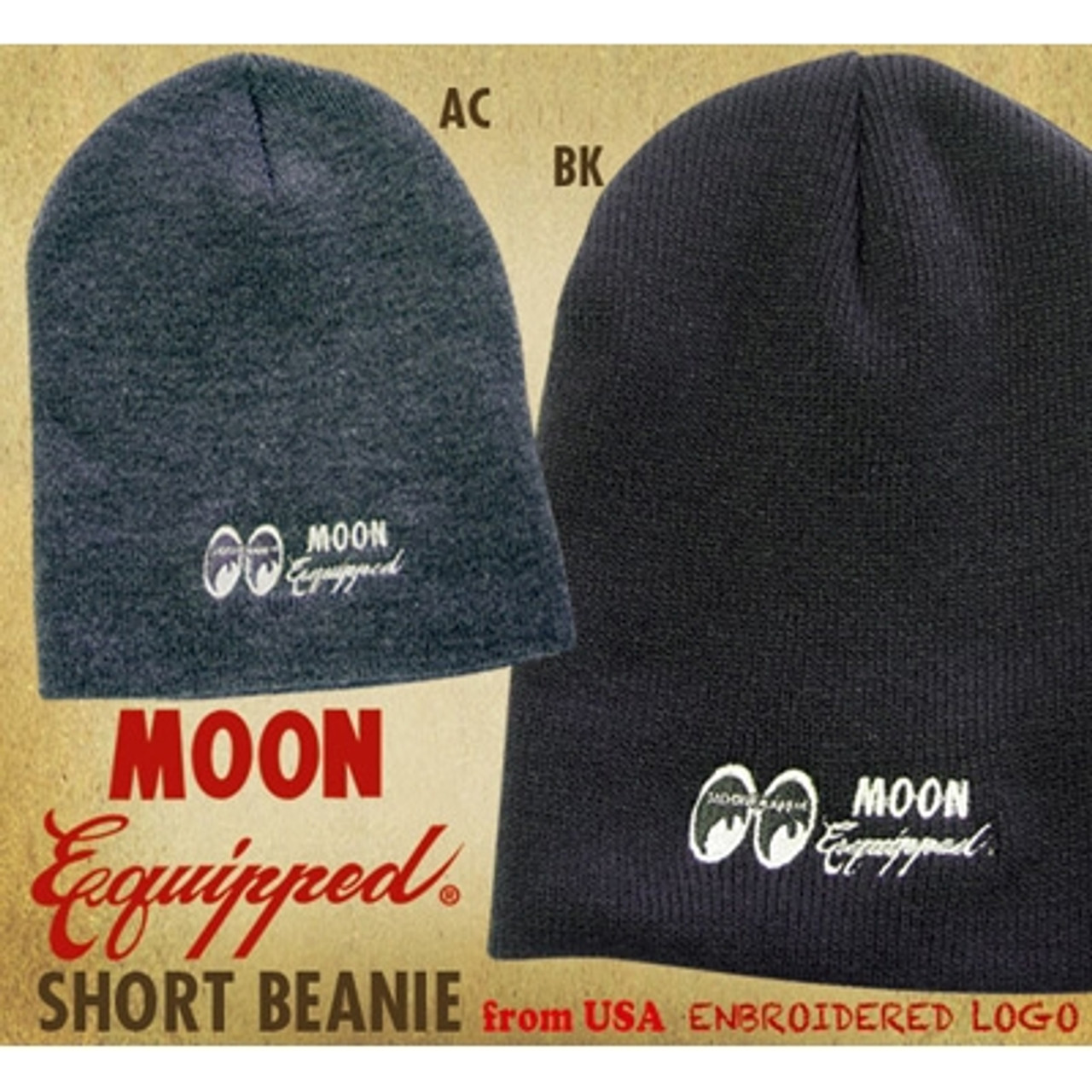 Mooneyes Equipped Embroidered Short Beanie, Gray