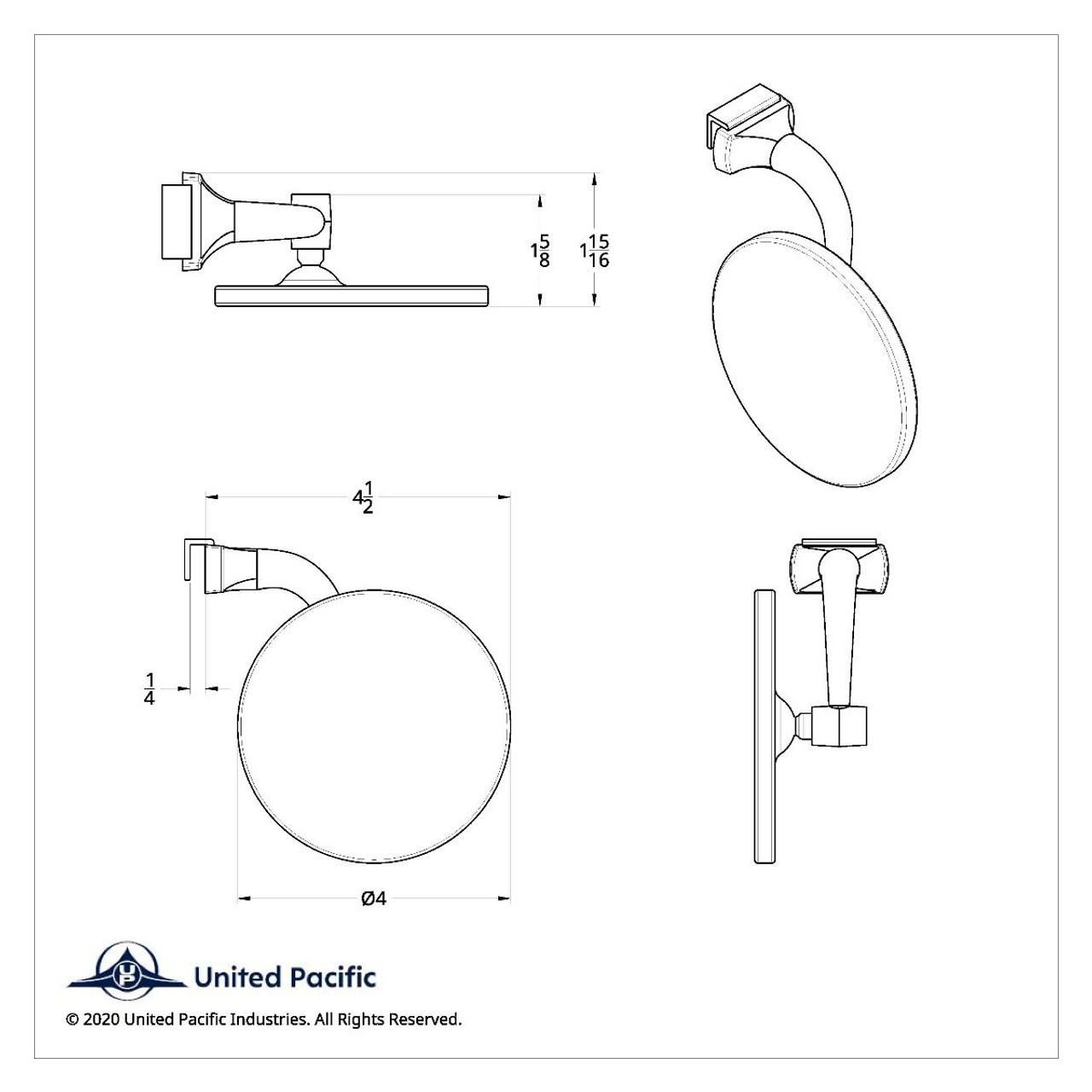 United Pacific 4 Curved Arm Peep Mirror Bundle w/Convex Mirror Glass