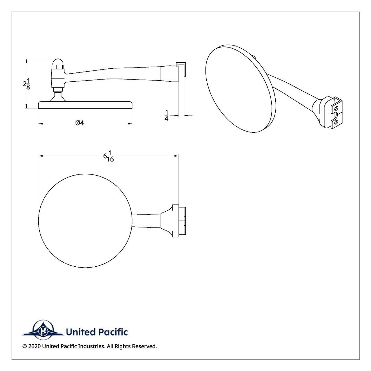 United Pacific  4" Stainless Steel Peep Mirror w/Chrome Straight Arm