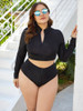 Black Sexy Two-Piece Long Sleeve High Waist High Collar Zipper Sun Protection Swimsuit