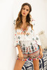 New V-Neck Printed Three-Quarter Sleeve Jumpsuit With Fringed Casual Shorts
