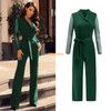 V-Neck Waistband Stitching Polka-Dot Long-Sleeved Jumpsuit