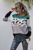 Casual Long Sleeve Knitted Sweater Leopard Print Color Block Loose Pullover Tops