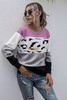 Casual Long Sleeve Knitted Sweater Leopard Print Color Block Loose Pullover Tops