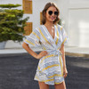 Boho Striped Romper V Neck High Waist Short Sleeve Ruffles Short Jumpsuit Boho Striped Romper V Neck High Waist Short Sleeve Ruffles Short Jumpsuit