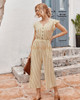 High Waist V Neck Short Sleeve Striped Button Long Jumpsuit