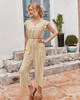High Waist V Neck Short Sleeve Striped Button Long Jumpsuit