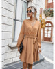 V Neck Long Sleeve Casual Swing Midi Dress With Belt V Neck Long Sleeve Casual Swing Midi Dress With Belt