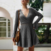 Knitted Slim Knee-Length Long Sleeve V Neck  A-Line Sweater Dress