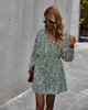Floral Print Dresses Deep V Neck Long Sleeve Ruffle Buttons Short Mini Shift Dress
