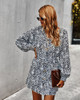 Floral Print Dresses Deep V Neck Long Sleeve Ruffle Buttons Short Mini Shift Dress