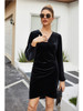 V Neck Long Sleeve Bodycon Sheath Ruffled Velvet Black Dress