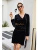 V Neck Long Sleeve Bodycon Sheath Ruffled Velvet Black Dress