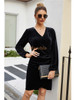 V Neck Long Sleeve Bodycon Sheath Ruffled Velvet Black Dress