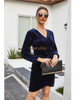 V Neck Long Sleeve Bodycon Sheath Ruffled Velvet Black Dress