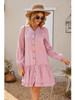 Button Front Dress Long Sleeve V-Neck Casual  Swing Dress