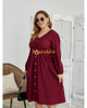 Long Sleeve Loose Casual Plus Size Burgundy Belt Dress