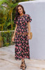 Short Sleeve Keyhole  Floral Print Flowy Party Maxi Dress