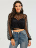 High Neck Long Sleeve Contrast Sheer Mesh Shirt Tops