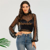 High Neck Long Sleeve Contrast Sheer Mesh Shirt Tops