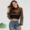 High Neck Long Sleeve Contrast Sheer Mesh Shirt Tops