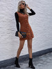 V Neck Button up Velvet Coffee Casual Midi Tea Dress