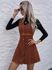 V Neck Button up Velvet Coffee Casual Midi Tea Dress