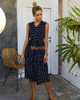 V Neck Short Sleeve Polka Dot Tie Neck Midi Length Summer Boho Maxi Dress
