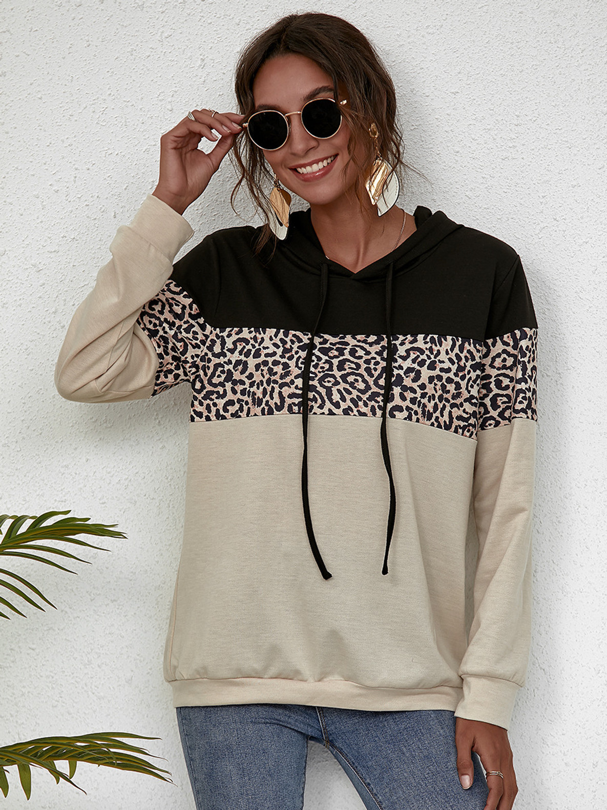 Leopard Printed Hoodies Drawstring Pullover Hooded Sweatshirt