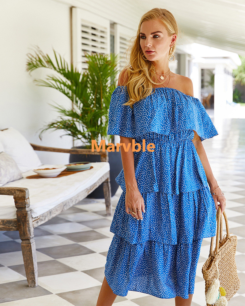 off the shoulder summer dresses Slit Hem Random Floral Print Off Shoulder Casual Midi Dress