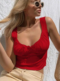 Shop Beautiful Low Cut Bow Ruches Spaghetti Straps Crop Top Under 10