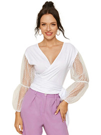 2020 Summer Women's Sexy White Deep V-Neck Spell Chiffon Bow Top