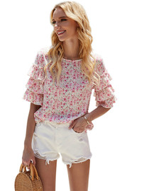 Stylish Summer New Cross-Border Floral Women's Trumpet Sleeves Shirt