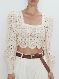 Bare Midriff  Hollow Tee Square Collar Hollow Sexy Pullover Lace Shirt Bare Midriff  Hollow Tee Square Collar Hollow Sexy Pullover Lace Shirt