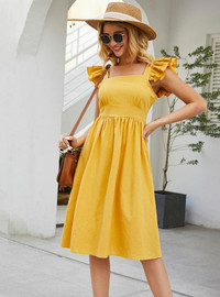 Shop Open Back Backless Knotted Yellow Flared Sleeves Midi Dress For Summer Shop Open Back Backless Knotted Yellow Flared Sleeves Midi Dress For Summer