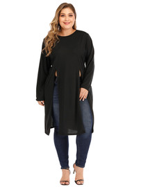 Plus Size Solid Color High Split Irregular Long Sleeve Round Neck T-Shirt Top