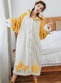 Shop 2021  Long Sleeve Thick Coral Fleece  Bathrobe White Star Cat Pajamas Under 45