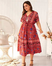 Shop 2021 Boho Half Sleeve V Neck Print Plus Size Beach Summer Dress Under 26