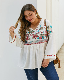 Plus Size Cotton And Linen Embroidery T-Shirt Top
