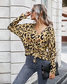 V Neck Tops Ruffle Long Sleeve Tie Knot Blouses Button Down Shirts