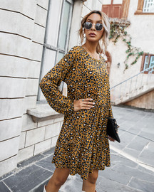 Crew Neck Long Sleeve Leopard Casual Short Midi Dress