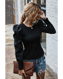 Solid Puff  Long Sleeve Crew Neck Casual Basic T-Shirt Tops