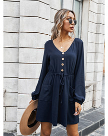 Long Sleeve V Neck Button Down Causal Loose Pocket Dresses