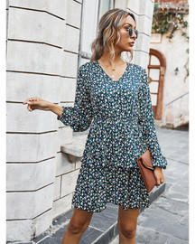 Layer Backless Swing  Long Sleeve Floral Print Mini Dresses