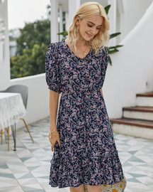 V Neck Flower Print Ruffle Short Sleeve Mini Floral Dress V Neck Flower Print Ruffle Short Sleeve Mini Floral Dress