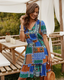 Printed Deep V-Neck Summer Beach Bohemian Sundress Loose Short Mini Dress Printed Deep V-Neck Summer Beach Bohemian Sundress Loose Short Mini Dress