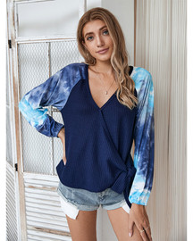 Tie Dye Shirt Fall Clothing Waffle Knit V Neck Color Block Batwing Sleeve Pullover Sweaters