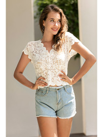 Elegant Lace Cap Sleeve V Neck Cotton Stretch Blouse Top Tee